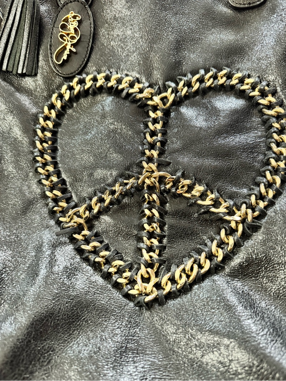 Rare vintage genuine leather Betsey Johnson black tote chain heart boho - Picture 3 of 12